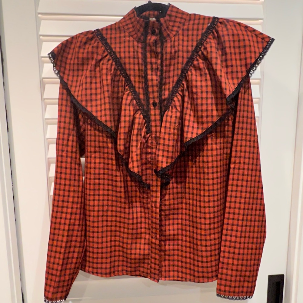 Rust gingham patterned ruffle button down blouse top